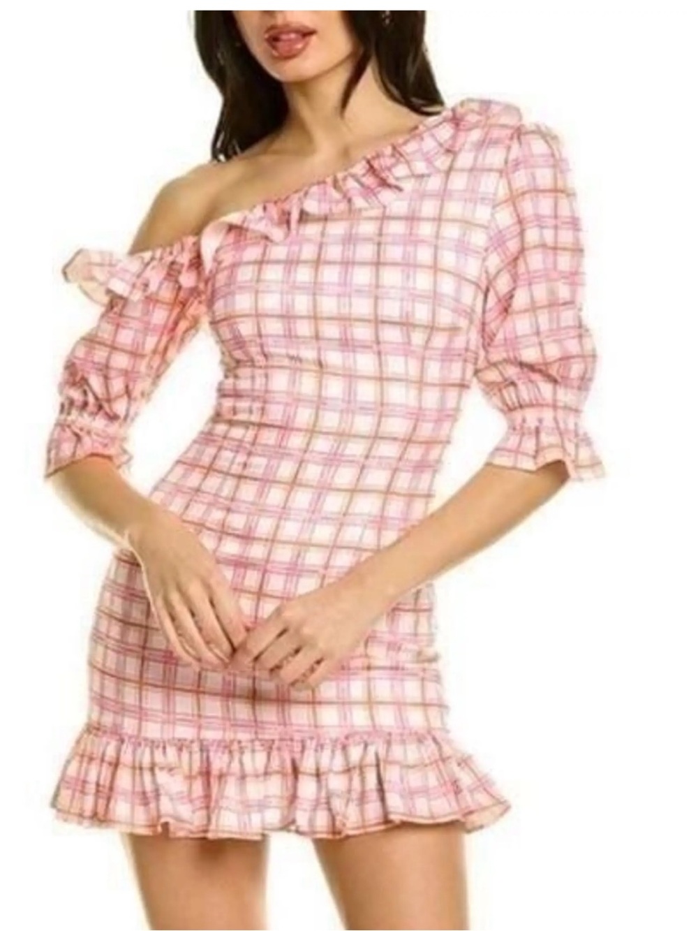 ATOIR One-Shoulder Pink Plaid Ruffle Mini Dress. SIZE S/8 NWT’S American Size 4